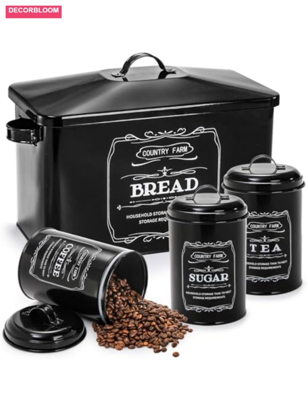 Metal Bread Box and 3 Kitchen Canisters Set Airtight Lids Farmhouse Storage